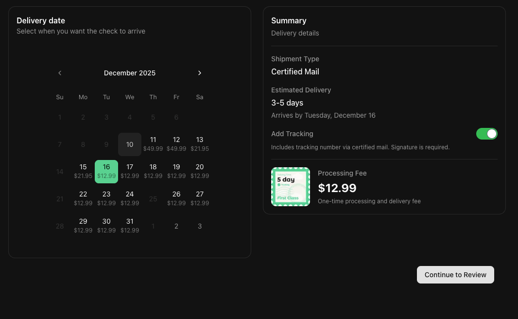 Certified Mail shipping option